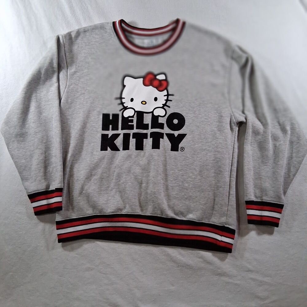 Hello Kitty Sanrio Grey Crewneck Sweatshirt‎ XL Varsity Striped Ribbed Pullover
